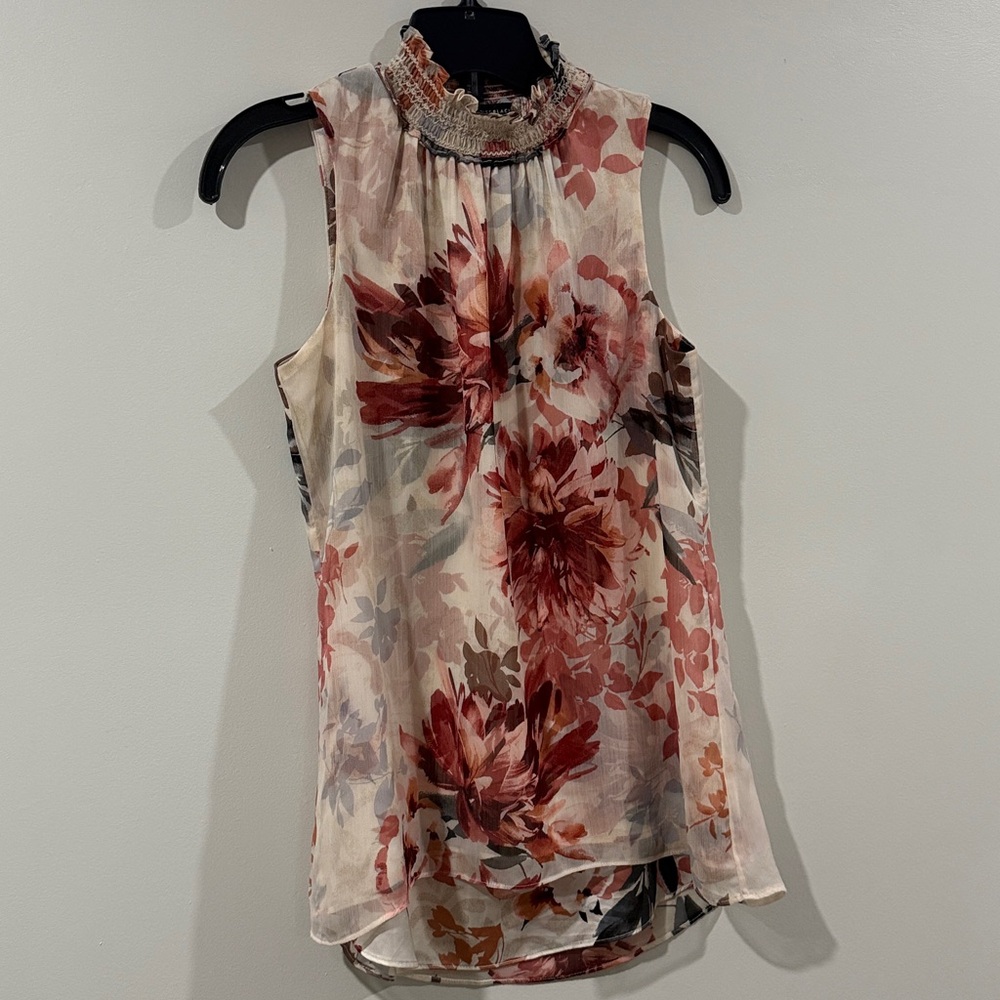 White House Black Market Floral Ruffle Neck Blouse